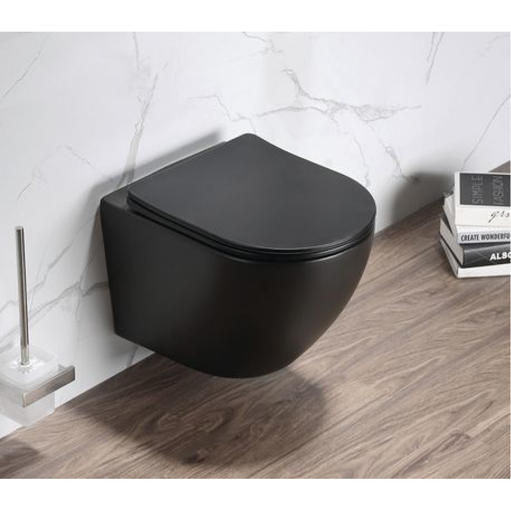 Унитаз подвесной Azario Grado 490х370х370 безободковый, в комплекте с сидением микролифт, черный матовый (AZ-0046-MB SP)