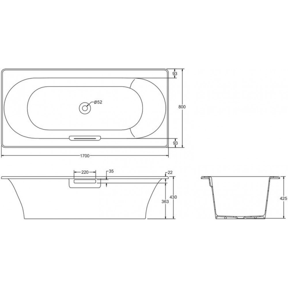 Ванна чугунная Jacob Delafon VOLUTE 170x80 см с антискользящим покрытием, без отверстий для ручек, без ножек, белая (E6D901-0)