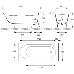 Ванна чугунная Jacob Delafon SOISSONS 160x70 без антискользящего покрытия, без отверстий для ручек, без ножек, белая (E2931-00)