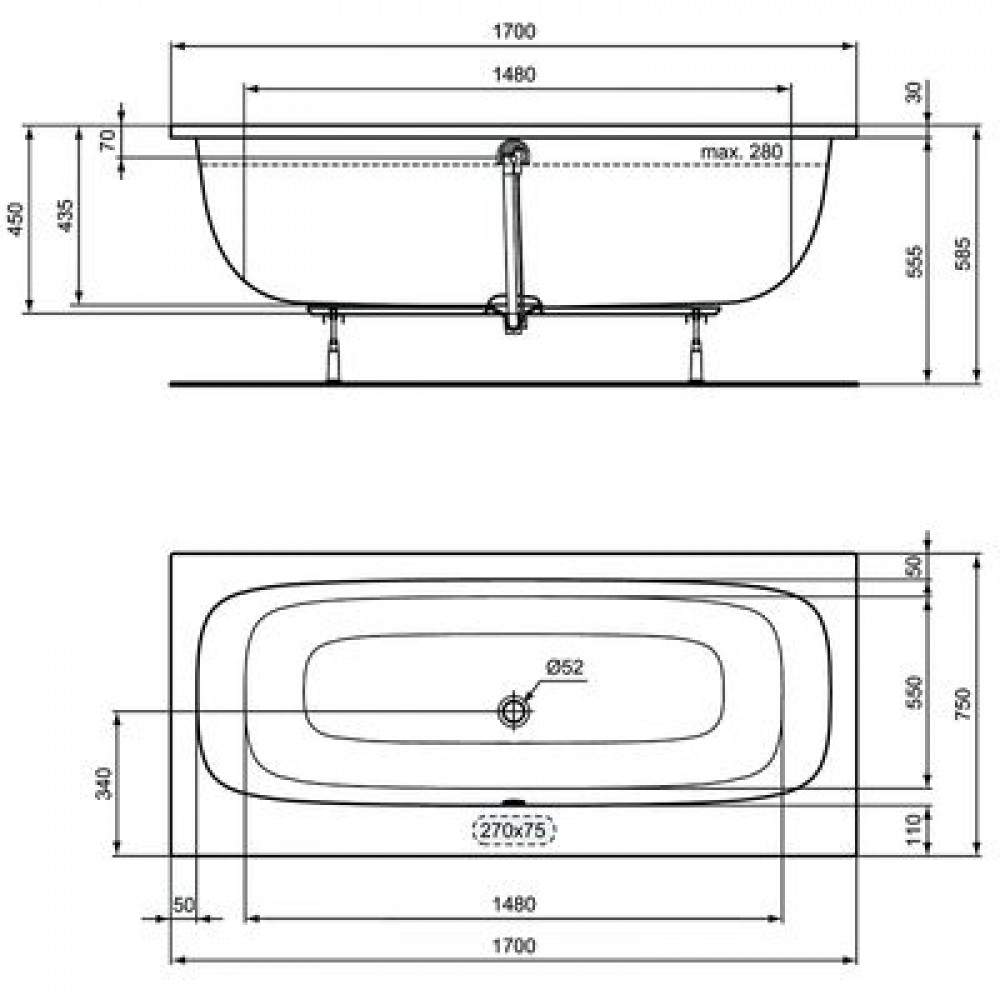 Промо-набор Ideal Standard 2 в 1: Ванна акриловая Duo 170х75см + Ножки в подарок! (NT476367)