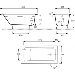 Ванна чугунная Jacob Delafon PARALLEL 150x70 см с антискользящим покрытием, без отверстий для ручек, без ножек, белая (E2946-00)