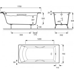 Ванна чугунная Jacob Delafon OVE Bi 170x75 см с антискользящим покрытием, с отверстиями для ручек, без ножек, белая (E2938-00)