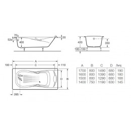 Ванна чугунная Roca HAITI 170х80, противоскользящее покрытие, с отверстиями для ручек