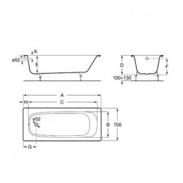 Ванна чугунная Roca CONTINENTAL 120х70, без покрытия, без ручек