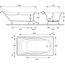 Ванна чугунная Jacob Delafon REPOS 180х90 с антискользящим покрытием, с отверстиями для ручек (E2902-00)