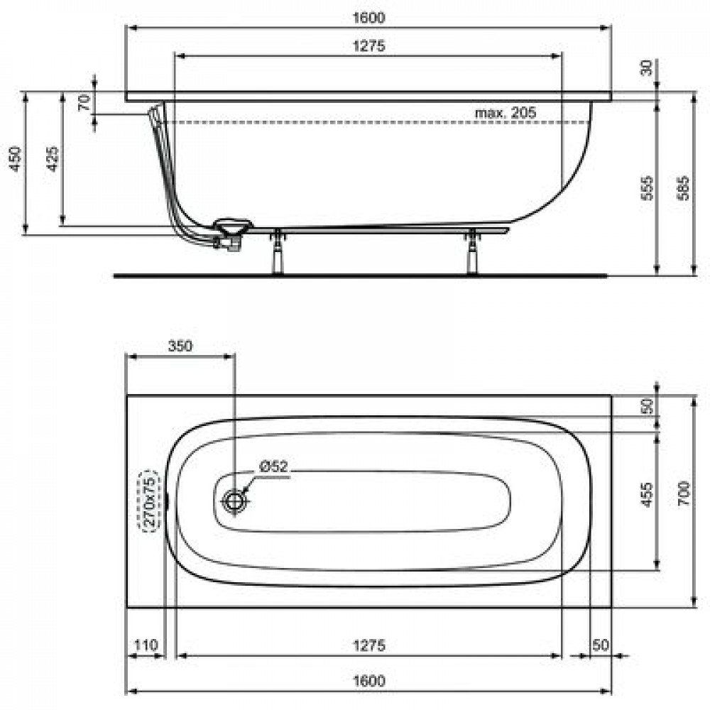 Промо-набор Ideal Standard 4 в 1: Ванна акриловая 160х70см, ножки, фронтальная панель, крепеж для фронтальной панели (PT475867)