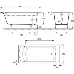 Baнна чугунная Jacob Delafon OVE Bi 170x75 cм без антискользящего покрытия, без отверстий для ручек, без ножек, белая (E2930-S-00)