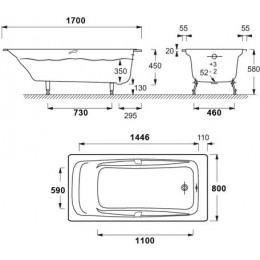 Ванна чугунная Jacob Delafon REPOS 170х80 с антискользящим покрытием, с отверстиями для ручек (E2915-00)