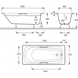 Ванна чугунная  Jacob Delafon MELANIE 160x70 см с антискользящим покрытием, с отверстием для ручек, без ножек, белая (E2935-00)