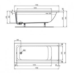 Ванна акриловая Ideal Standard CONNECT AIR 170х75, встраиваемая, без системы слива-перелива