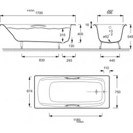 Ванна чугунная Jacob Delafon DIAPASON 170x75 см с антискользящим покрытием, с отверстием для ручек, без ножек, белая (E2926-00)