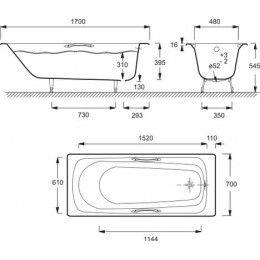 Ванна чугунная  Jacob Delafon MELANIE 170x70 см с антискользящим покрытием, с отверстием для ручек, без ножек, белая (E2925-00)
