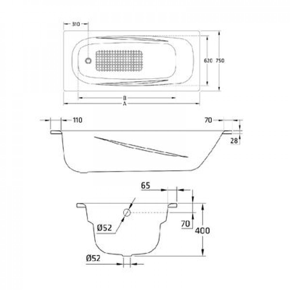 Ванна стальная BLB Universal Anatomica HG 150х75, белая, c отверстиями для ручек