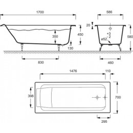Ванна чугунная Jacob Delafon PARALLEL 170х70 см без антискользящего покрытия, без отверстий для ручек, без ножек, белая (E2947-S-00)