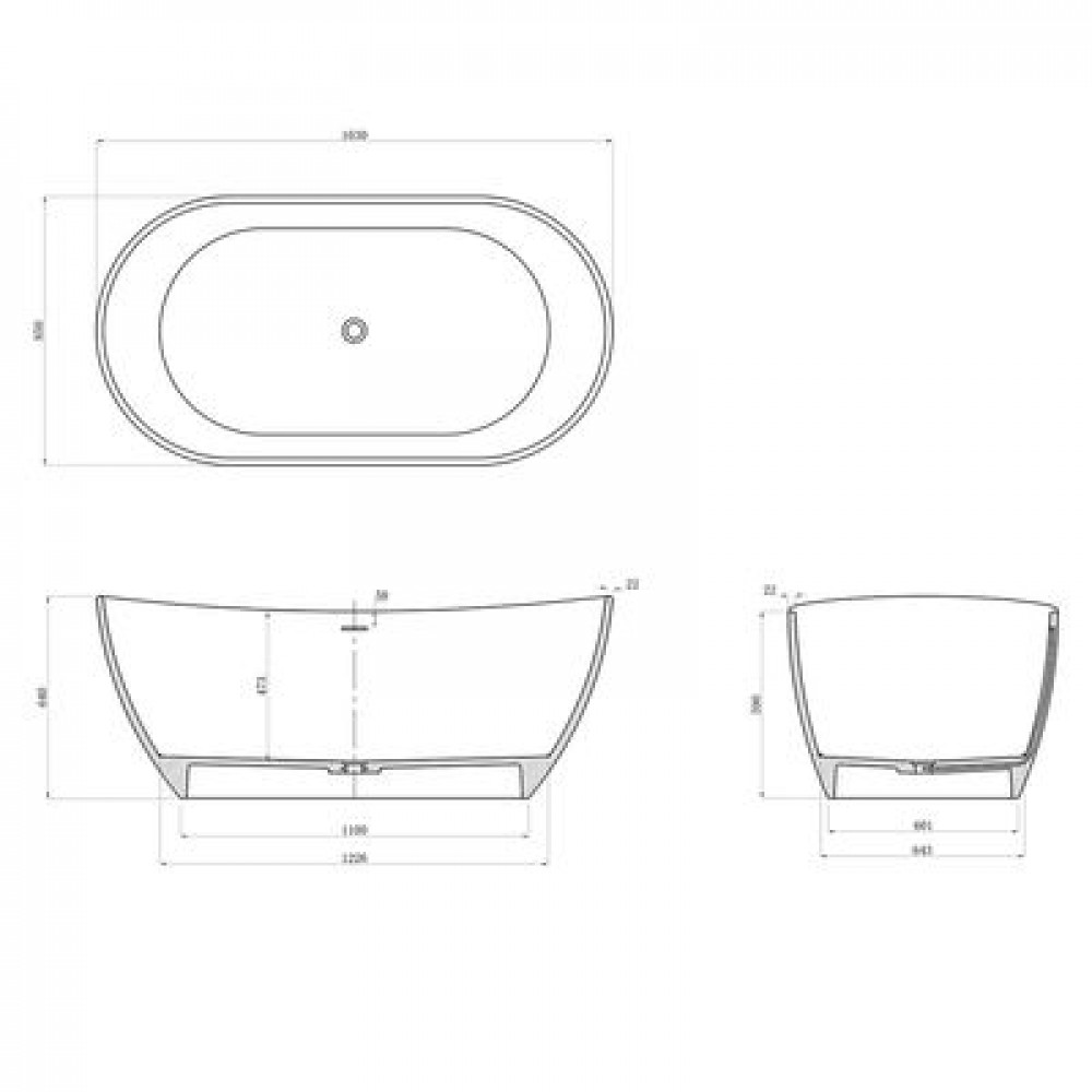 Ванна из искусственного камня Azario JENNER 1630x850x640 свободностоящая белая матовая, с белым матовым донным клапаном (JEN16385S)