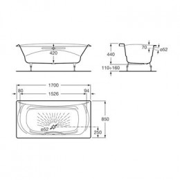 Ванна чугунная Roca AKIRA 170х85, противоскользящее покрытие, отверстие для ручки
