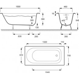 Ванна чугунная Jacob Delafon SOISSONS 150x70 без антискользящего покрытия, без отверстий для ручек, без ножек, белая (E2941-00)