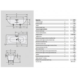 Ванна стальная Kaldewei SILENIO 1700х750х410, самоочищающееся покрытие Easy clean, alpine white, без ножек, с отв. для ручки