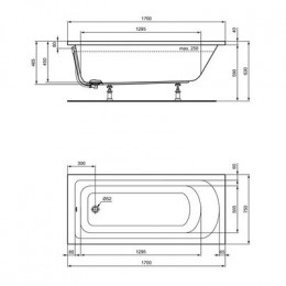 Ванна акриловая Ideal Standard HOTLINE 170х75, встраиваемая или для монтажа с панелями, отверстие слива 52мм, без ножек