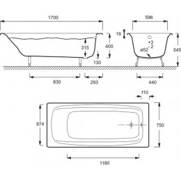 Ванна чугунная Jacob Delafon DIAPASON 170x75 см без антискользящего покрытия, с отверстием для ручек, без ножек, белая (E2937-S-00)