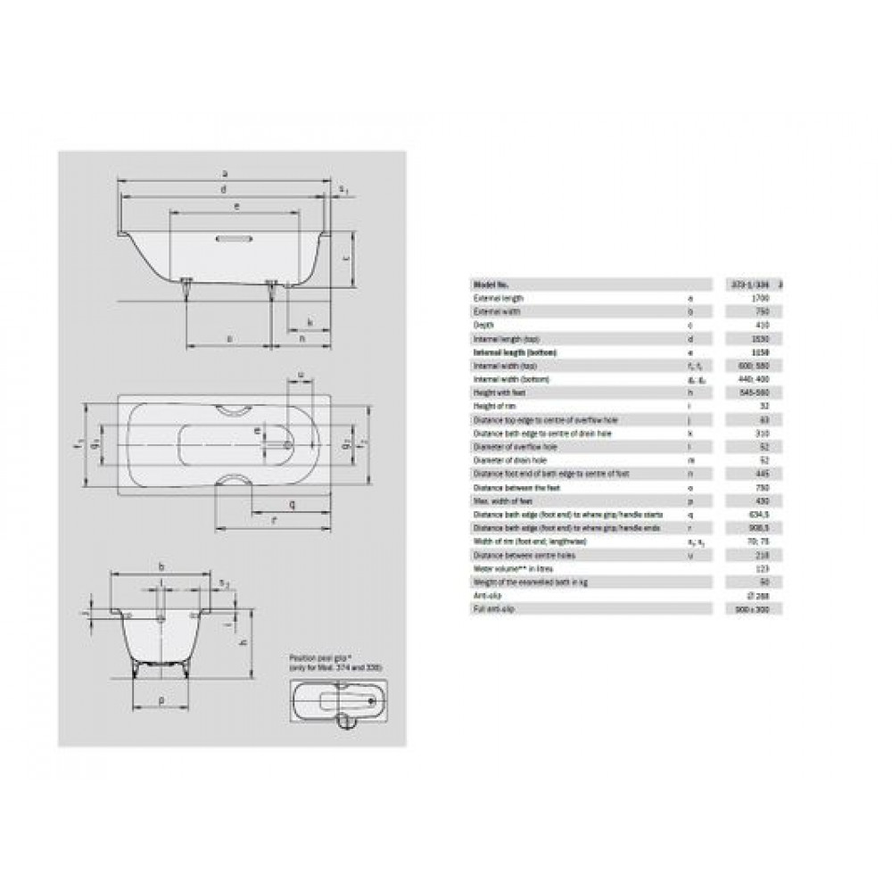 Ванна стальная Kaldewei SANIFORM PLUS STAR 1700х750х410, Easy clean, alpine white, без ножек, с отверстиями для ручек