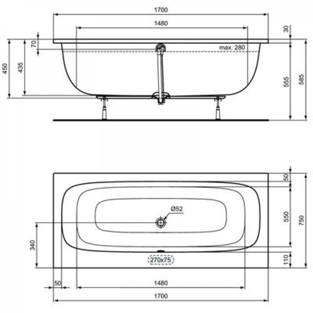 Ванна акриловая Ideal Standard i.life 1700х750х450 пристенная, встраиваемая (T476301)