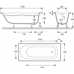 Ванна чугунная Jacob Delafon SOISSONS 170x70 без антискользящего покрытия, без отверстий для ручек, без ножек, белая (E2921-00)