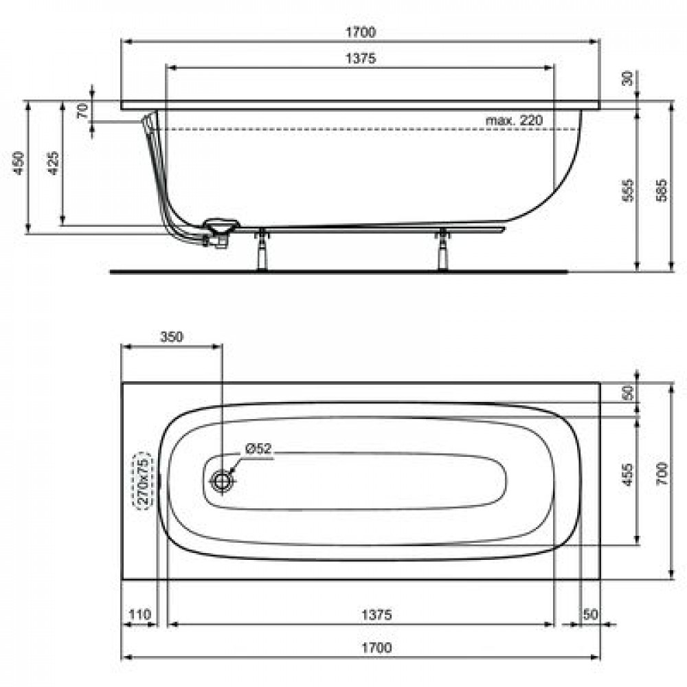 Промо-набор Ideal Standard 4 в 1: Ванна акриловая 170х70см, ножки, фронтальная панель, крепеж для фронтальной панели (PT475967)