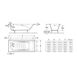 Ванна чугунная Roca MALIBU 150х75, противоскользящее покрытие, с отверстиями для ручек