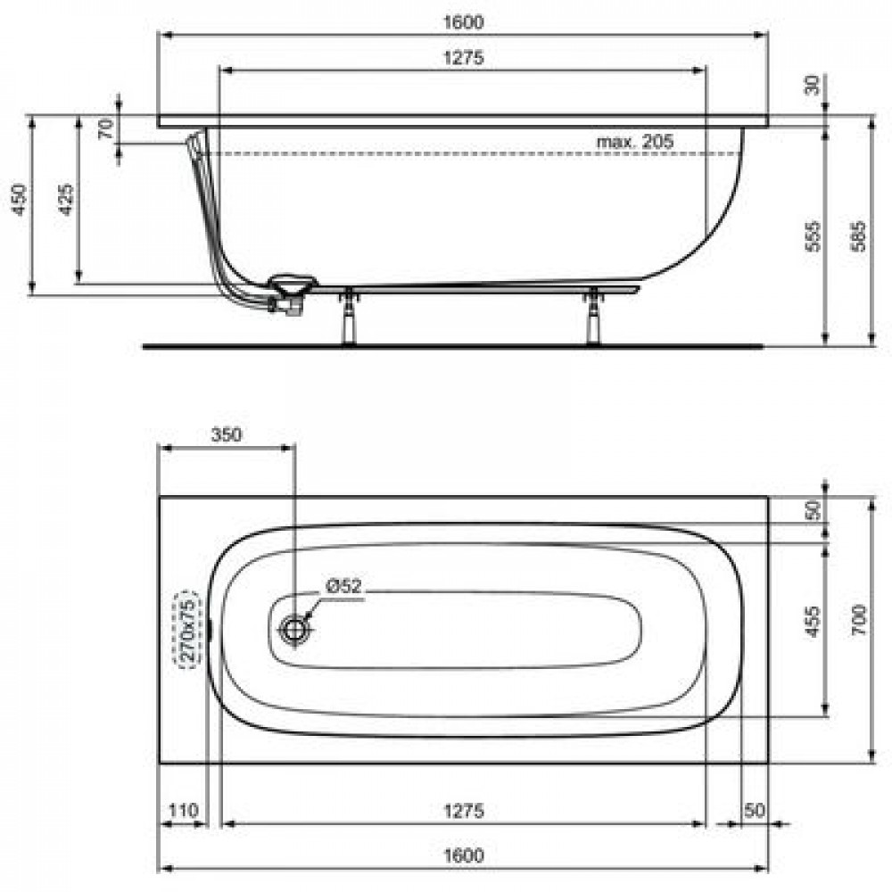 Ванна акриловая Ideal Standard i.life 1600х700 пристенная, встраиваемая (T475801)