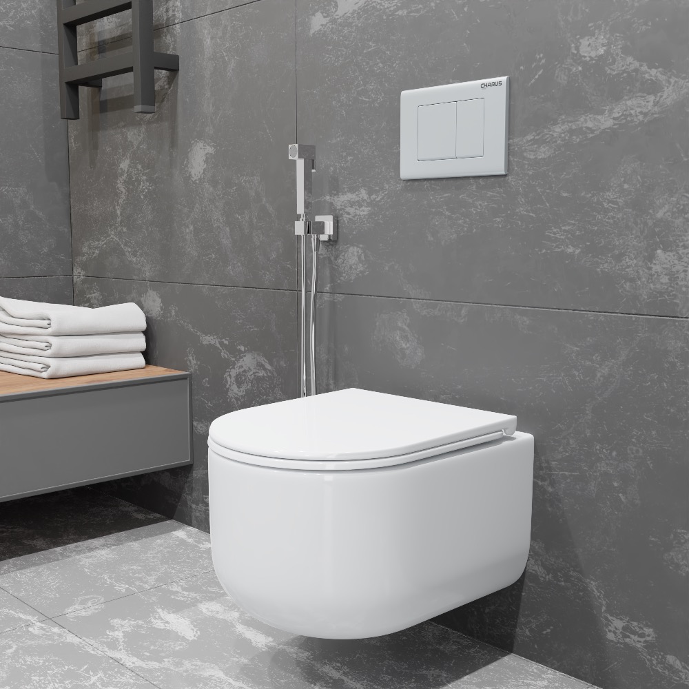 EWC700-129W CHARUS ELMO RIMLESS TORNADO Безободковый подвесной унитаз сгоризонтальным выпуском в стену c легкосъемным сиденьем и смывом торнадо