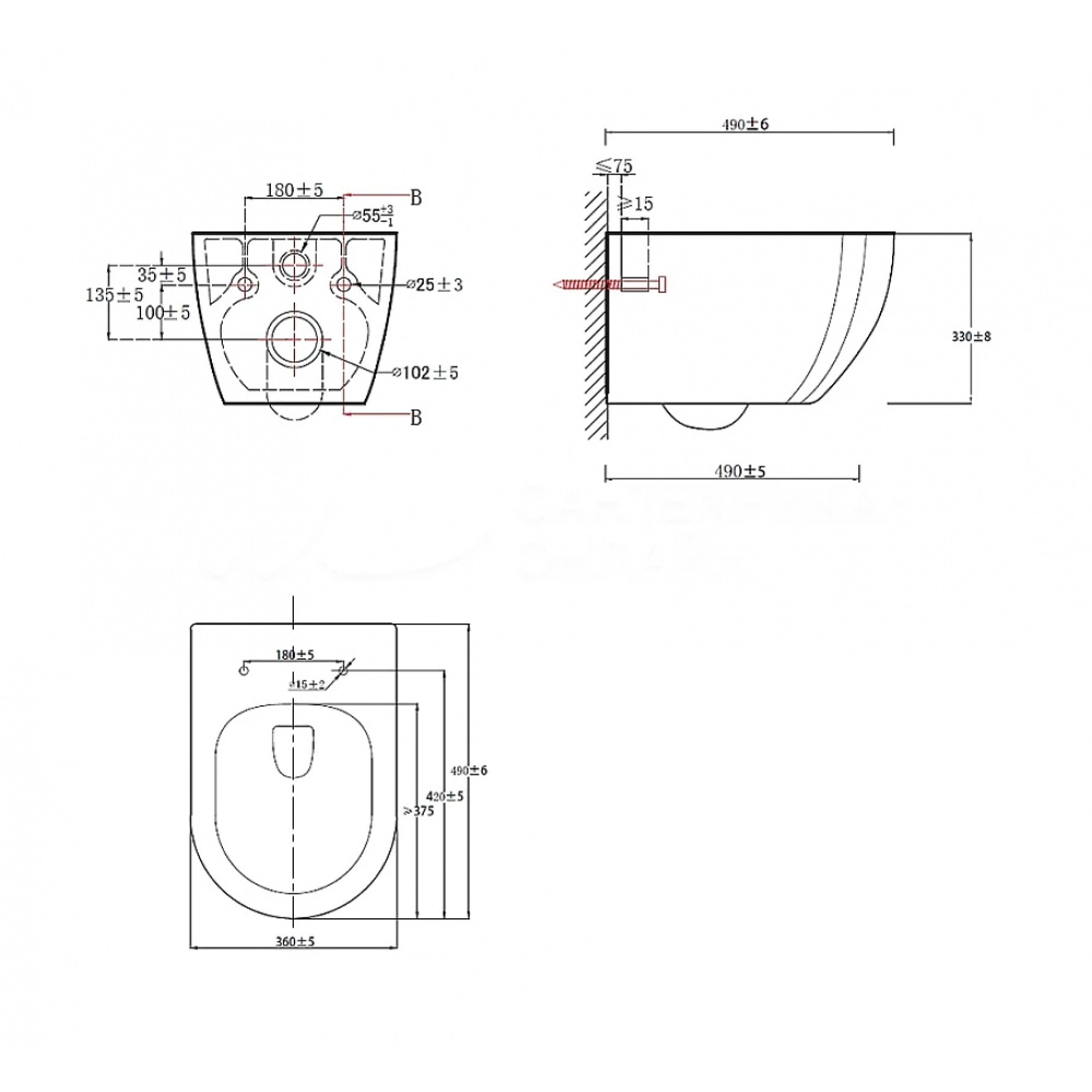 Унитаз подвесной AZARIO Ormi AZ-0253VD безободковый, с микролифтом. Размер: 490*360*365mm