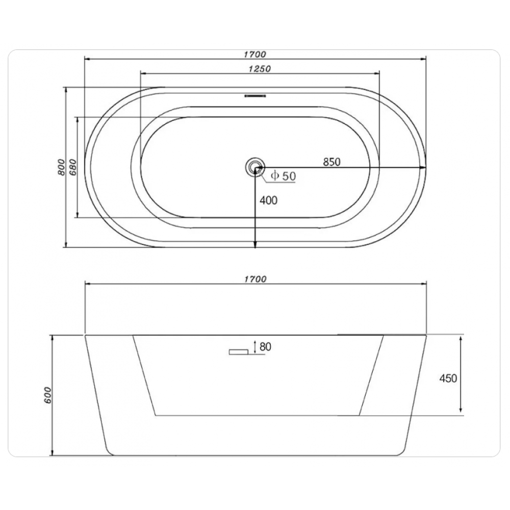 Ванна акриловая Abber AB9209 170x80 см, отдельностоящая, белая, овальная, с каркасом, со сливом-переливом