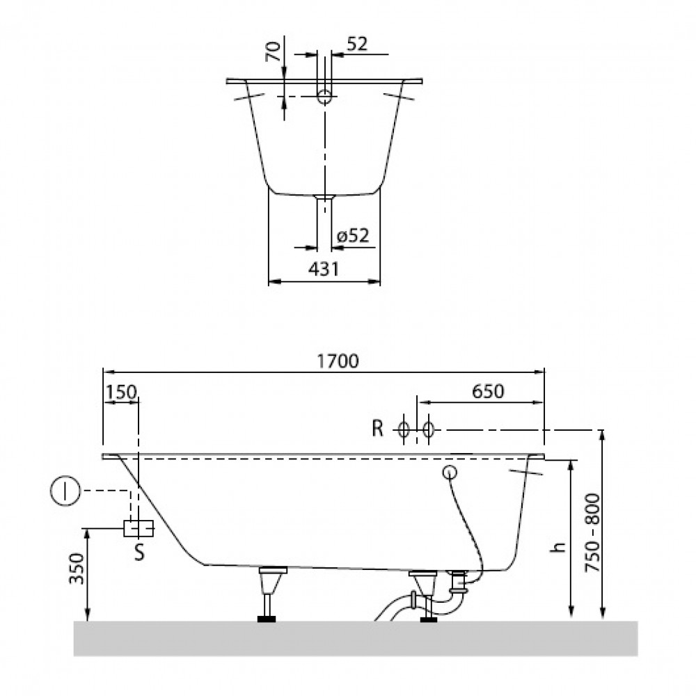 Ванна квариловая Villeroy & Boch Oberon 170х75 см UBQ170OBE2V-01 (белый Alpin)
