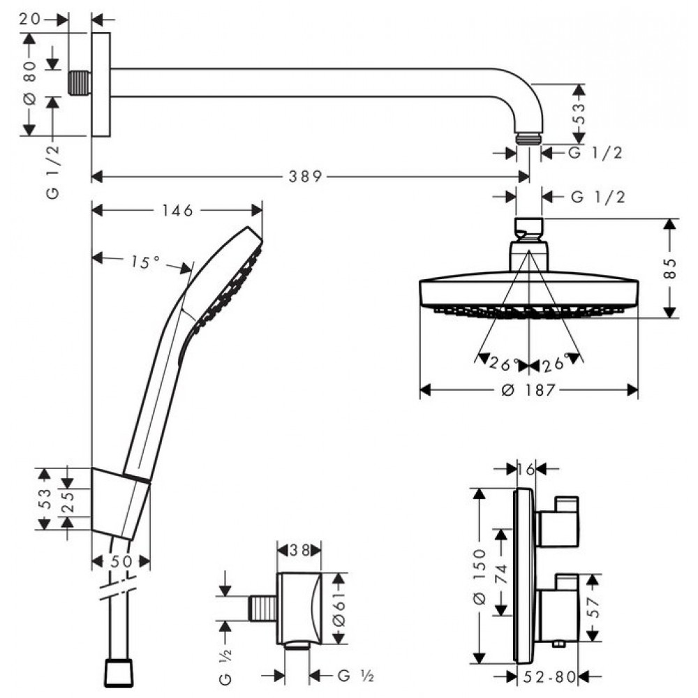 Душевая система Hansgrohe Croma Select S 27295000 встраиваемая, с внутренней частью