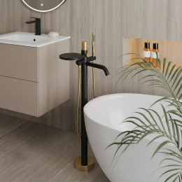 Смеситель для ванны Boheme Stick 129-BG напольный с полкой, с ручкой DIAMOND, черный матовый / золото