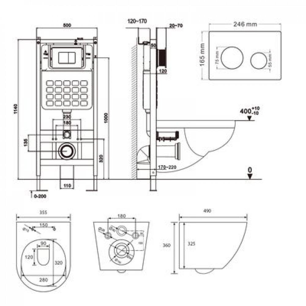 Комплект ABBER унитаз AC1100 белый с инсталляцией AC0105 и кнопкой AC0120 хром, биде AC1150 с инсталляцией AC0101P