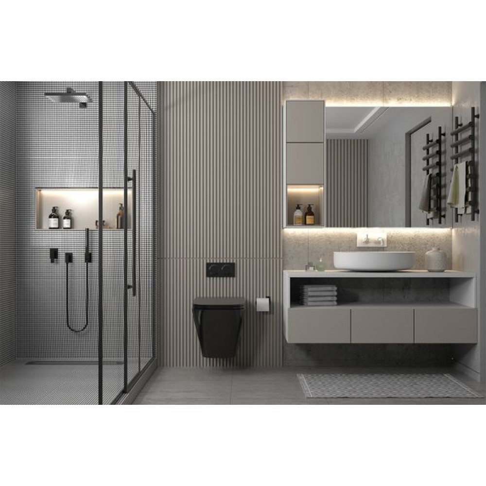 Комплект подвесной унитаз ABBER Rechteck AC1201MB черный матовый с инсталляцией AC0105 и кнопкой AC0120MB черный матовый