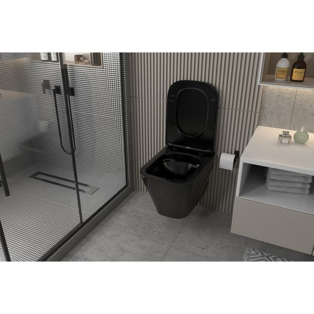 Комплект подвесной унитаз ABBER Rechteck AC1201MB черный матовый с инсталляцией AC0105 и кнопкой AC0120MB черный матовый
