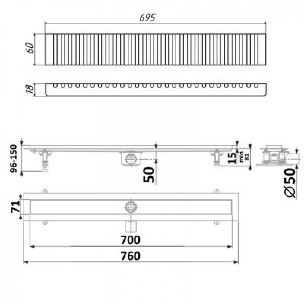 Душевой лоток TIMO Drain Protect 700 с вставкой LG20, сатин (DP20700-LG20700)