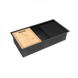 Кухонная мойка Lemark TABAGA 820 прямоугольная из нержавеющей стали с аксессуарами в комплекте: ролл-мат, коландер, разделочная доска цвет: чёрный матовый (9932136)