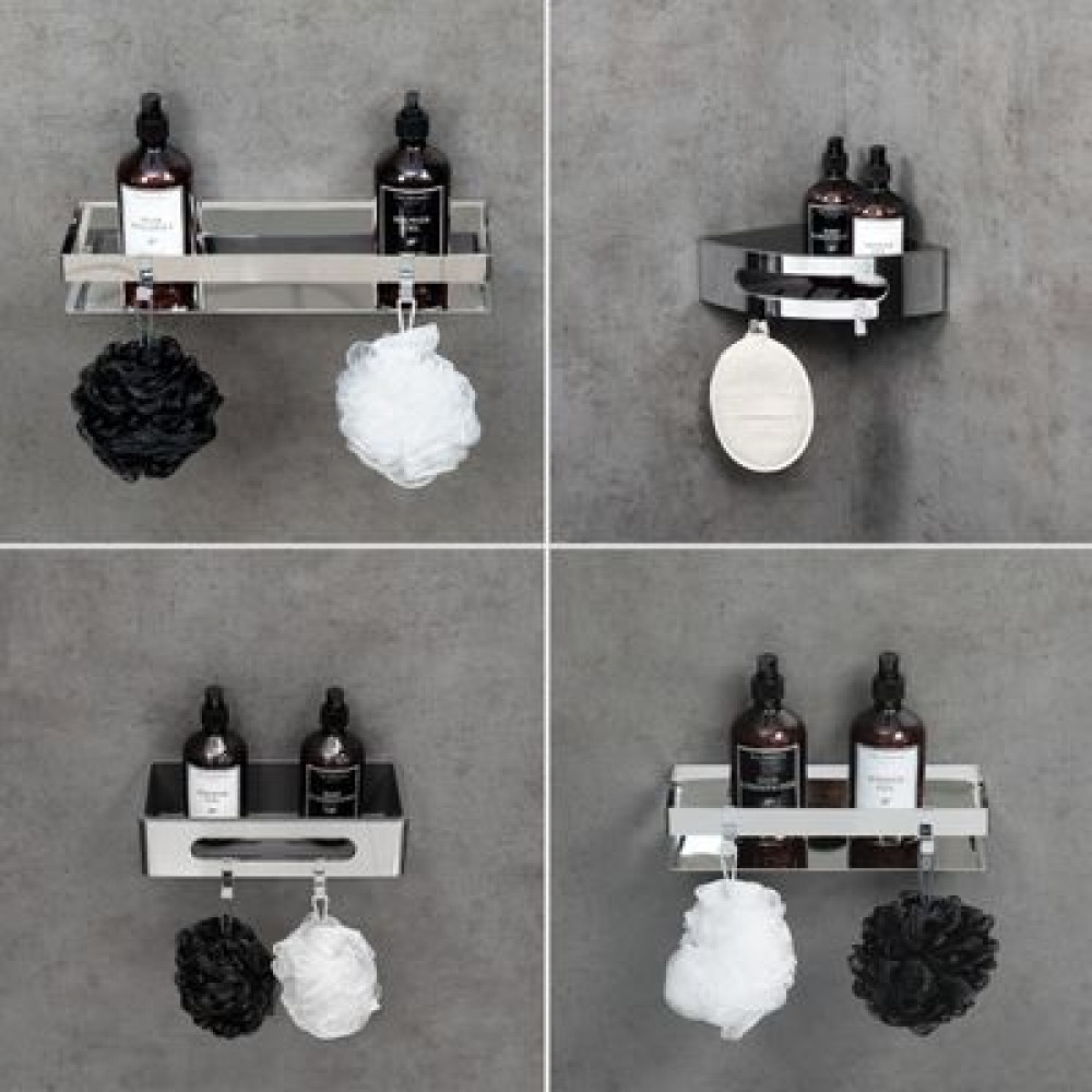 Полка для душа угловая Lemark SHELF LINE из нерж. стали с крючками, хром/вставка-пластик графит (9771046)