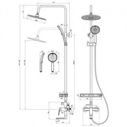 Смеситель для ванны и душа с регулируемой высотой штанги и верхней душевой лейкой "Тропический дождь", Lemark Verba (LM11462C)