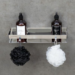 Полка для душа прямая Lemark SHELF LINE 400 мм из нерж. стали с крючками, хром (9771052)