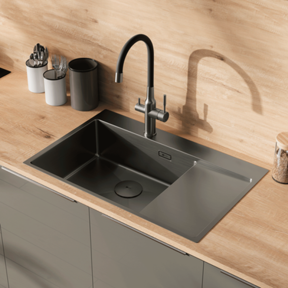 Кухонная мойка Lemark KEZADRA 780L прямоугольная с крылом из нержавеющей стали (чаша СЛЕВА) цвет: графит (9936151)