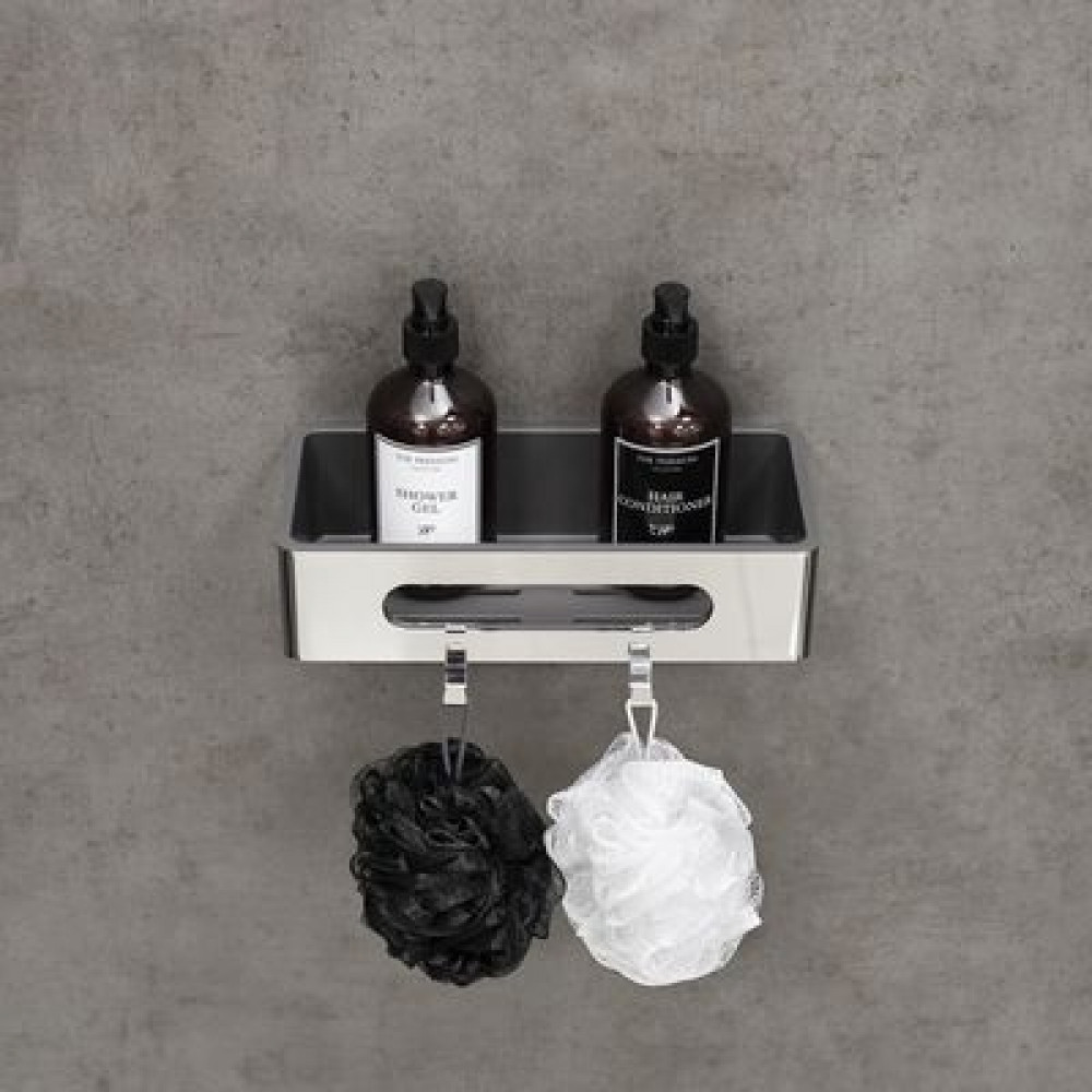 Полка для душа прямая Lemark SHELF LINE из нерж. стали с крючками, хром/вставка-пластик графит (9771043)