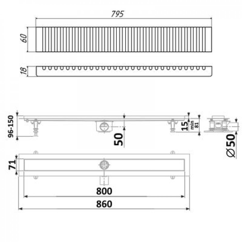 Душевой лоток TIMO Drain Protect 800 с вставкой LG20, сатин (DP20800-LG20800)