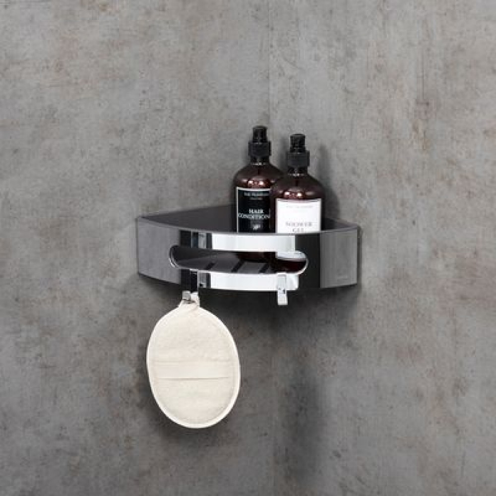 Полка для душа угловая Lemark SHELF LINE из нерж. стали с крючками, хром/вставка-пластик графит (9771046)