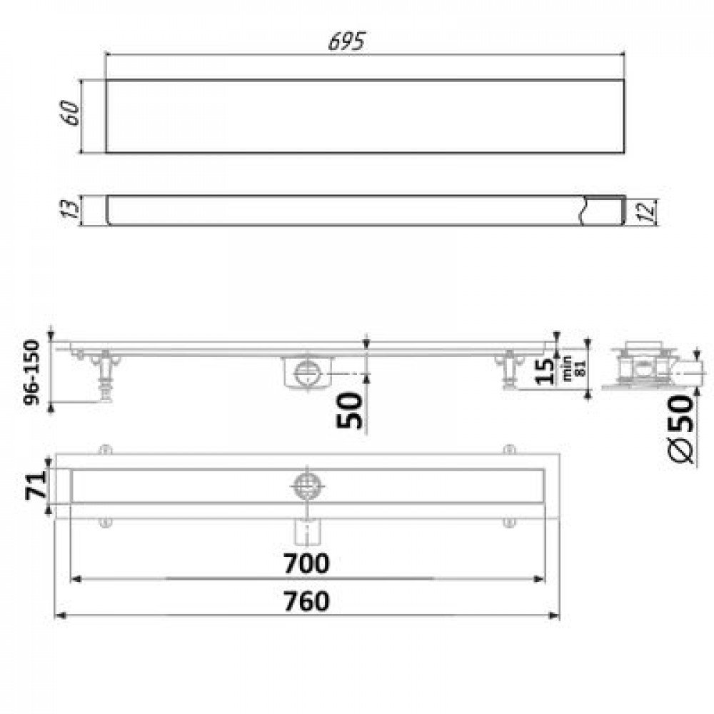 Душевой лоток TIMO Drain Protect 700 с двусторонней панелью PG20 под плитку, сатин (DP20700-PG20700)