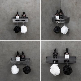 Полка для душа прямая Lemark SHELF LINE 400 мм из нерж. стали с крючками, графит (9776054)